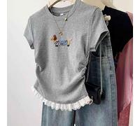 Drivstraw Women's Lace Trim Dog Print T-Shirt Short Sleeve Regular Fit | Delicate lace trim accents, playful dog print pattern, stylish yet casual look for daily wear