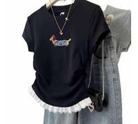 Drivstraw Women's Lace Trim Dog Print T-Shirt Short Sleeve Regular Fit | Delicate lace trim accents, playful dog print pattern, stylish yet casual look for daily wear