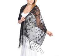Drivstraw Women's Sequin Embroidered Tulle Shawl with Flowing Tassels | Elegant Evening Wrap for Brides and Wedding Guests, Lightweight Fringed Stole for Formal Parties, Black