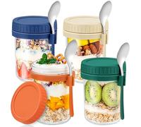 DRKIO 4 Pack Glass Overnight Oats Containers with Lids and Spoons 16 Oz Mason Jars for Overnight Oats Jars Leak Proof Oatmeal Container Meal Prep Jar for Cereal Fruit Vegetable Milk Salad Yogurt