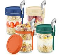 DRKIO 4 Pack Glass Overnight Oats Containers with Lids and Spoons 16 Oz Mason Jars for Overnight Oats Jars Leak Proof Oatmeal Container Meal Prep Jar for Cereal Fruit Vegetable Milk Salad Yogurt