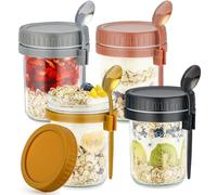 DRKIO 4 Pack Overnight Oats Containers with Lids and Spoons 16 Oz Glass Mason Jars for Overnight Oats Jars Leak Proof Oatmeal Container Great for Cereal Fruit Vegetable Milk Salad Yogurt Meal Prep