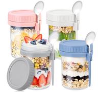DRKIO 4 Pack Overnight Oats Containers with Lids and Spoons 16 Oz Glass Mason Jars for Overnight Oats Leak Proof Oatmeal Container Great for Cereal Fruit Vegetable Milk Salad Yogurt Meal Prep