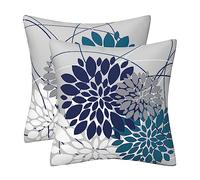 Drmstow Nave Blue Teal Pillow Cover Dahlia Throw Pillow Covers 18x18 Inch Spring Summer Geometric Floral Elegant Line Square Cushion Cases Outdoor Home Decor for Couch Bed Living Room, Set of 2