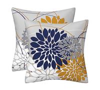Drmstow Nave Blue Yellow Pillow Covers 18x18 Inch Dahlia Throw Pillows Spring Summer Geometric Floral Elegant Line Square Cushion Cases Outdoor Home Decor for Couch Bed Living Room, Set of 2