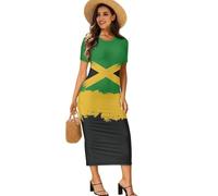 Drnuikhe 2025 Jamaican Flag Design Dress Womens Lady Elegant Casual Stretchy Short Sleeve Bodycon Midi Dress Plus Size