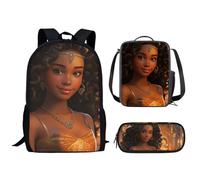 Drnuikhe 3pcs Set African Boy Backpack Black Boy Magic Backpacks With Lunch Box Pencil Case School Bag Gifts For Girls Women, African Black Woman