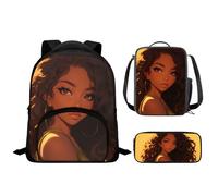 Drnuikhe 3pcs/set Cartoon Black Girl Kids School Bag African Girls Backpack for Girls Boys Children Book Bag Cute Pencil Case/Lunch Box/Pencil Bag Three Piece Backpack for Men and Women