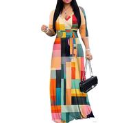 Drnuikhe Abstract Geometric Print Women's Flowy Fall Maxi Dress V-Neck 3/4 Sleeve Casual Empire Waist Tie Belted Dress Boho Casual Maxi Wedding Guest Dresses for Vacation