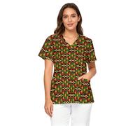 Drnuikhe African Attire African Printed Print V-Neck Scrub Top for Women, Traditional Beautiful Print Ankara Dashiki, Soft Stretch Short Sleeve with Pockets for Nursing