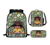 Drnuikhe African Cute Girl 3Pc School Backpack Set for Girls Boys TeenBlack Queen African American Middle-School Elementary Bookbags with Lunch Box Pencil Case