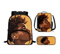 Drnuikhe African Girl 3 in 1 Bookbags Sets with Lunch Box Pencil Case Preschool Bag Boys Girls Middle-School Lightweight Casual Daypacks Kindergarten Elementary School Boys and Girls