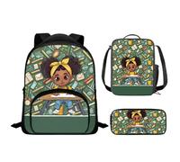 Drnuikhe African Girl Backpack for School Kids Bookbag with Lunch Box Pencil Case American Girls School Bags Magic Afro Women Print