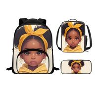 Drnuikhe African Princess Girl Backpack 3-Pcs for Kids School Bag Girls 5Th Grade Cool Big Capacity Bookbag for Boy 4-8 Year Old Casual Schoolbag with Lunch Box Pencil Box Set