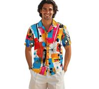 Drnuikhe Aloha Shirt for Men Button Down 3D Print Abstract Geometry Pattern Hawaiian Short Sleeve Big and Tall Shirts Suitable for Seaside Wedding Multicolor