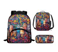 Drnuikhe Backpack for Boys Girls Kids Children School Book Bag with Shouder Bag Pencil Case 3 Piece Set 4-15 Year Old, Cute Kids Colorful Owl Print Bookbag Set