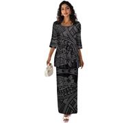 Drnuikhe Black Samoan Puletasi Apparel Pattern Fall 2 Piece Maxi Dresses 2025 Elegant Flowy Lotus Leaf Hem Dress Wedding Guest Midi Dresses Black
