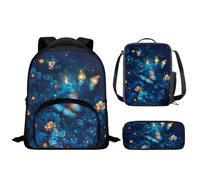 Drnuikhe Blue Butterfly Print 3 Piece Shoulder Bags Teenage Multiple Pockets Backpack with Lunch Bag Pen Case for Primary Elementary High School,Student Back Pack Back to School Bag Travel Gifts
