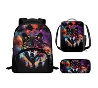 Drnuikhe Boy Girl Wolf 3D Printed Backpack Set Kids School Bags Bookbag with Lunch Box Pencil Case,3PCS Luminous Wolf
