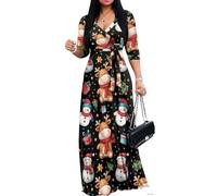 Drnuikhe Cartoon Cow Snowman Ladies Dress for Christmas Fall Long Sleeve V Neck Sundresses Ruffle Swing A-Line Dresses for Women Party Night Sexy Wedding