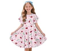 Drnuikhe Cherries Print Girls Fall Ruffle Short Sleeve Crew Neck Loose Casual Flowy Tiered Short Dress for 3-14 Years Wedding Guest Pink