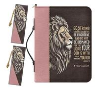 Drnuikhe Custom Bible Covers with Name, Personalized Bible Case with Handle and 2 Bookmarks, Lion Print Joshua 1:9 Bible Protecto with Inner Pockets and Pen Loop, Christian Gifts for Women, Medium