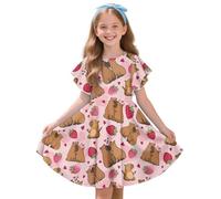 Drnuikhe Cute Capybara Strawberry Casual Midi Dresses for Girls Ruffle Sleeveless Summer Dress Knee Length