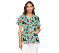 Drnuikhe Cute Dachshund Flowers Print Scrub Tops Women Stretchy Plus Size Nurse Breathable Medical Summer Scrubs Fitted Petite Lightweight Tuck in Nursing T Shirts Ladies Blusas de enfermera