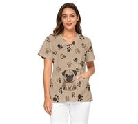Drnuikhe Cute Dog Paw Print Scrubs Top Autumn Modern Short Sleeve Blouse Female Office Oversized Pocket Love Graphic Tops Loose V Neck Stretchy Scrub for Women