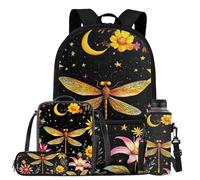 Drnuikhe Dragonfly Moon Flower for Girls School Bag Kids Bookbag Set with Lunch Box Pencil Case Water Bottle Sleeve Elementary Kindergarten Preschool Bookbag Teen Girls Rucksack