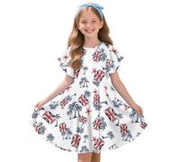Drnuikhe England Flag Print The UK Flag Girls Dress Casual Round Neck A Line Ruffle Sleeve Knee Length Dresses 3-14 Years White