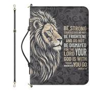 Drnuikhe Extra Large Bible Cover Cases for Men, Black Bible Bags with Strap and Handle, Lion Print Joshua 1:9 PU Leather Bible Holder with Inner Pockets and Pen Loop, Church Bags for Women