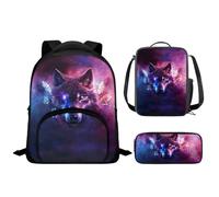 Drnuikhe Galaxy Wolf Printed Backpack for School Kindergarten Backpack for Girls With Lunch Box and Pencil Case 3 in 1 Backpack Set Large Lightweight Student Backpack for Travel