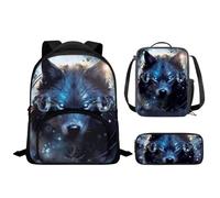 Drnuikhe Galaxy Wolf Printed Lightweight Backpack Set for Toddler Girls Boys Bookbag with Insulated Lunch Tote Pouch Pencil Holder Case 12 Inch Elementary School Backpack with Padded Strap