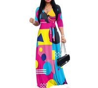 Drnuikhe Geometric Squares Circles Womens Plus Size Dresses Casual Long Sleeve Maxi Dress V Neck Graphics Print Wrap Dress with Belt