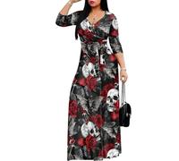 Drnuikhe Gothic Skull Rose Bat Ladies Dress for Halloween Summer Short Sleeve V Neck Sundresses Ruffle Swing A-Line Dresses for Women Party Night Sexy Wedding