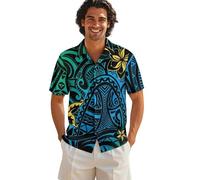 Drnuikhe Guayabera Shirt for Men Short Sleeve 3D Print Blue Tribal Pattern Pajama Collar Mens Button Down Hawaiian Shirt Suitable for Leisure Vacation Blue