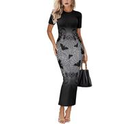 Drnuikhe Halloween Bat Spiderweb Printing Ladies Dresses Crew Neck Long Skirt Outfits Plus Size Halloween Party Costume Short Sleeve O-Neck Maxi Dress for Women