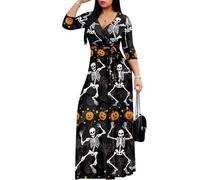 Drnuikhe Halloween Costumes for Women Funny Skull Dancing Pumpkin Spider Web Print Casual Party Club Outfits Long Maxi Dress with Belt 3/4 Sleeve V-Neck