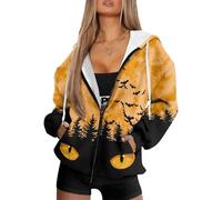 Drnuikhe Halloween Womens Zip Up Hoodies Oversized Sweatshirts 3D Print Bat Cat Eye Pattern Fall Trendy Outfits Casual Jackets 2025 Winter Clothes Yellow