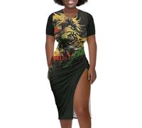 Drnuikhe Jamaican Flag Dress Womens Lady Elegant Casual Stretchy Short Sleeve Rasta Bodycon Midi Dress Plus Size Jamaica Flag Clothes for Women