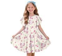 Drnuikhe Kids Axolotl Dresses for Girls 9-10 Years Book Lover Summer Mini Dress Pink Cherry Little Girls Knee Length Birthday Party Sundress Twirly Skater Back to School Sundress