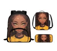 Drnuikhe Kids Backpack Set 3PcsBlack Art African Girl Printing Backpack with Lunch Bag Pen Bag Set Toddler Bookbag Backpack for School Girls for Kindergarten Preschool Elementary School Students