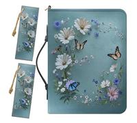 Drnuikhe Large Bible Carrying Case for Women, Blue Bible Cover Comes with 2 Bookmarks, Butterflies and Daisies Print PU Leather Bible Organizer with Inner Pockets and Pen Loop, Church Bags for Women
