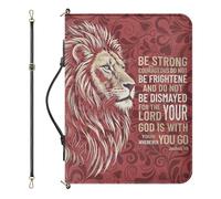 Drnuikhe Medium Bible Covers for Men, Red Bible Case with Strap and Handle, Lion Print Joshua 1:9 Faux Leather Bible Protecto with Inner Pockets and Pen Loop, Christian Gifts for Women