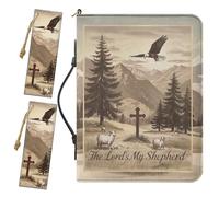 Drnuikhe Medium PU Leather Bible Cover for Men, Mens Bible Case Comes with 2 Bookmarks, Crucifix Psalm 23:1 Print Bible Carrier with Inner Pockets and Pen Loop, Christian Gifts for Men, Sepia