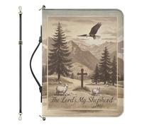 Drnuikhe Medium PU Leather Bible Cover for Men, Mens Bible Case with Strap and Handle, Crucifix Psalm 23:1 Print Bible Carrier with Inner Pockets and Pen Loop, Christian Gifts for Men