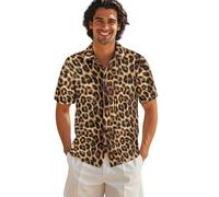Drnuikhe Mens Animal Shirt 3D Print Leopard Spot Pattern Floral Shirts for Men Button Down Short Sleeve Hama Collar Brown