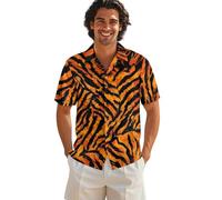 Drnuikhe Mens Animal Shirt 3D Print Tiger Texture Orange and Black Stripe Pattern Floral Shirts for Men Button Down Short Sleeve Hama Collar Orange