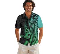 Drnuikhe Mens Floral Dress Shirt Short Sleeve 3D Print Green Tribal Pattern Button Down Hama Collar Loose Fit Suitable for Photo Shoots Green